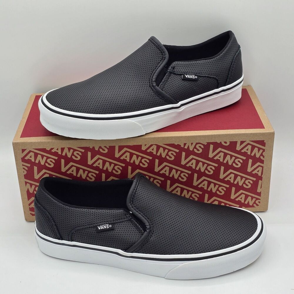 Vans Asher Slip On Shoes Black Perforated Leather VN000VOSDJ6 Women’s 9